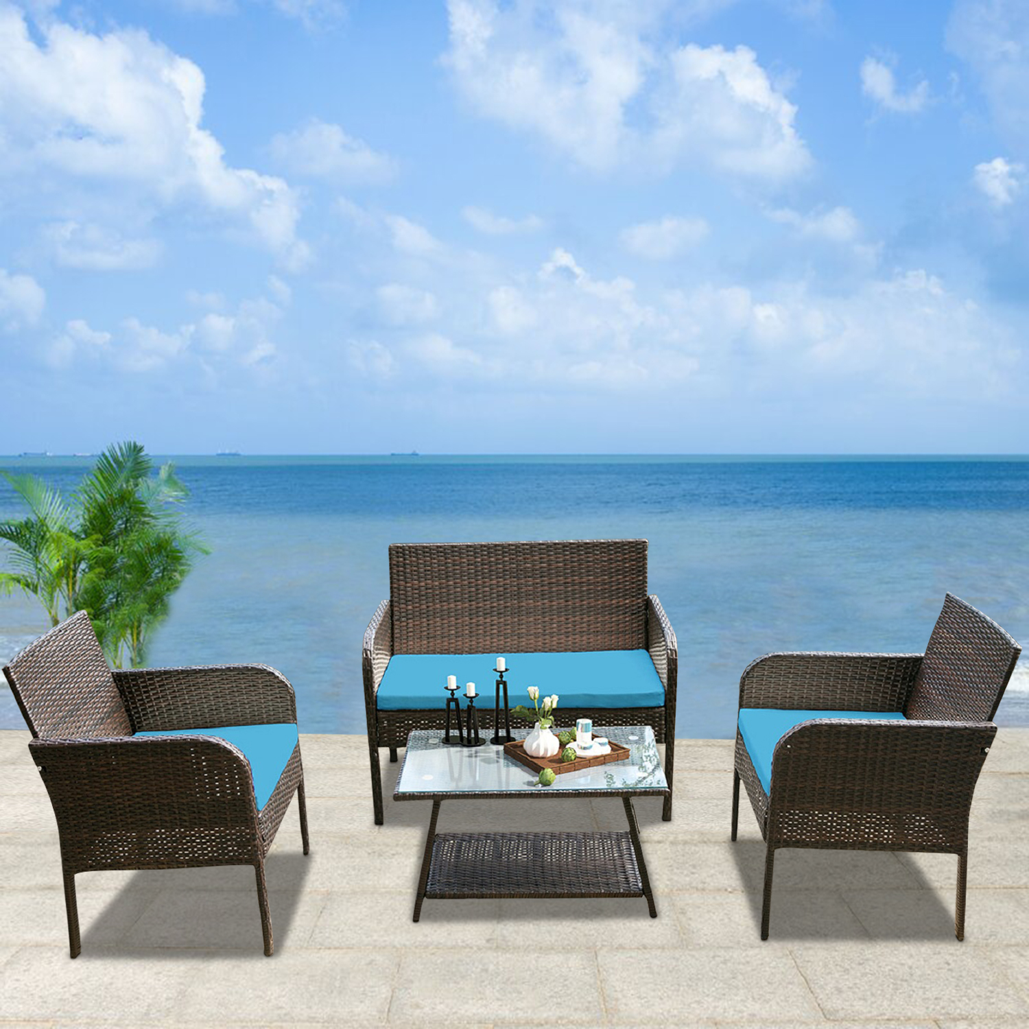 uhomepro 4 Piece Bistro Patio Set, Rattan Wicker Outdoor Patio Furniture with 2pcs Arm Chairs, 1pc Love Seat, Coffee Table, Blue Cushion, Dining Set for Backyard Poolside Garden - image 2 of 7