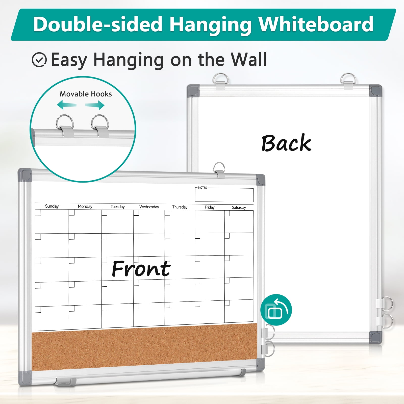 DOLLAR BOSS Monthly Calendar Whiteboard 16" x 12" Magnetic Dry Erase Board Combination Board Cork Board for Wall, Double-Sided White Board, Portable Board with Markers Magnets Eraser, White Frame