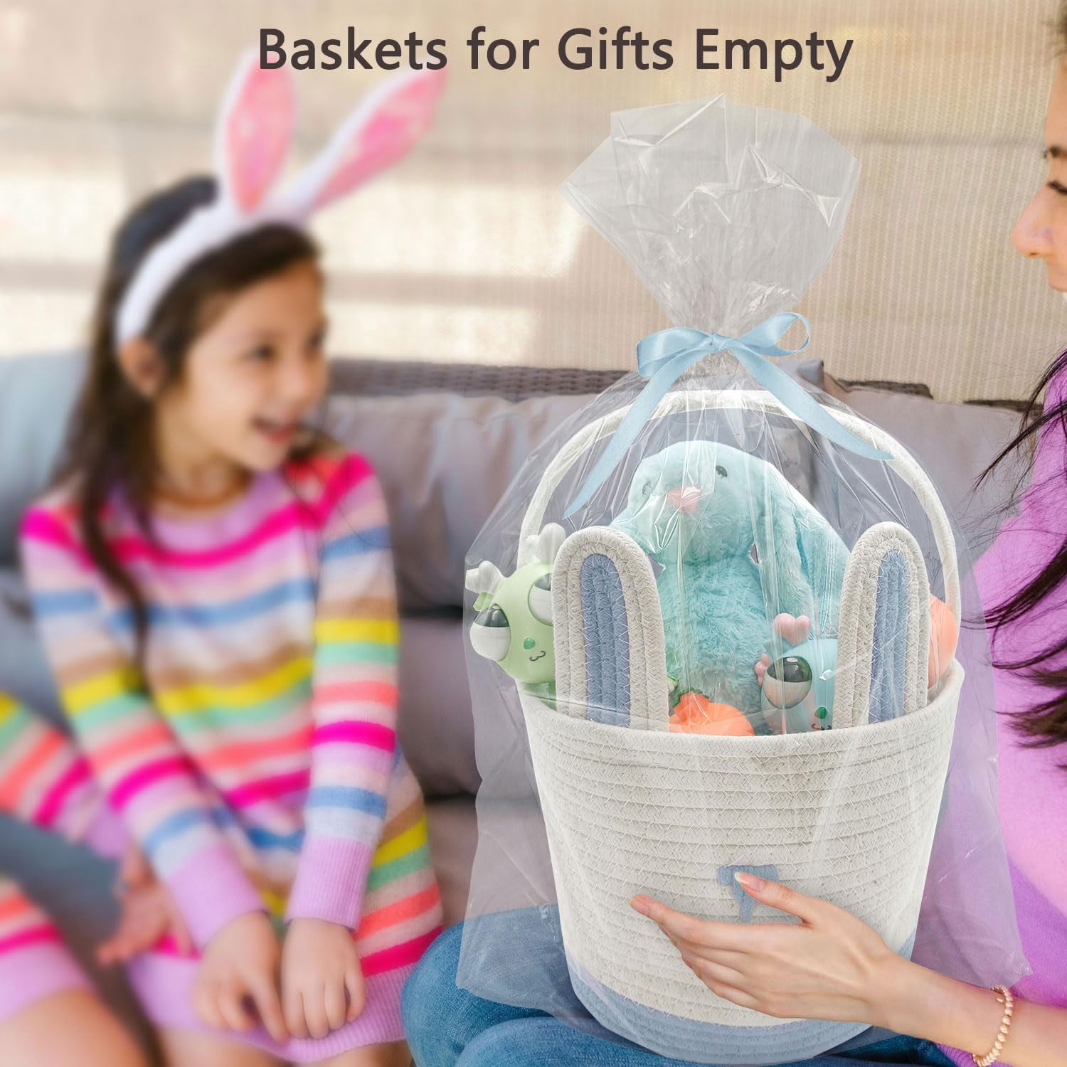 2 Pack Large Woven Easter Baskets for Boys & Kids - Empty Basket with Gift Bags and Ribbons Cute Easter Decorations Bunny Ears Designs (Blue)