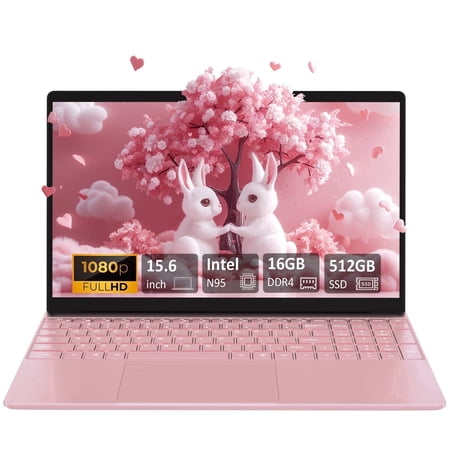 Auusda 15.6" Laptop Computer, 16GB RAM 512GB SSD, Intel N95 1.7-3.4 GHz, Windows 11 Pro Notebook, Backlit, Fingerprint, Pink