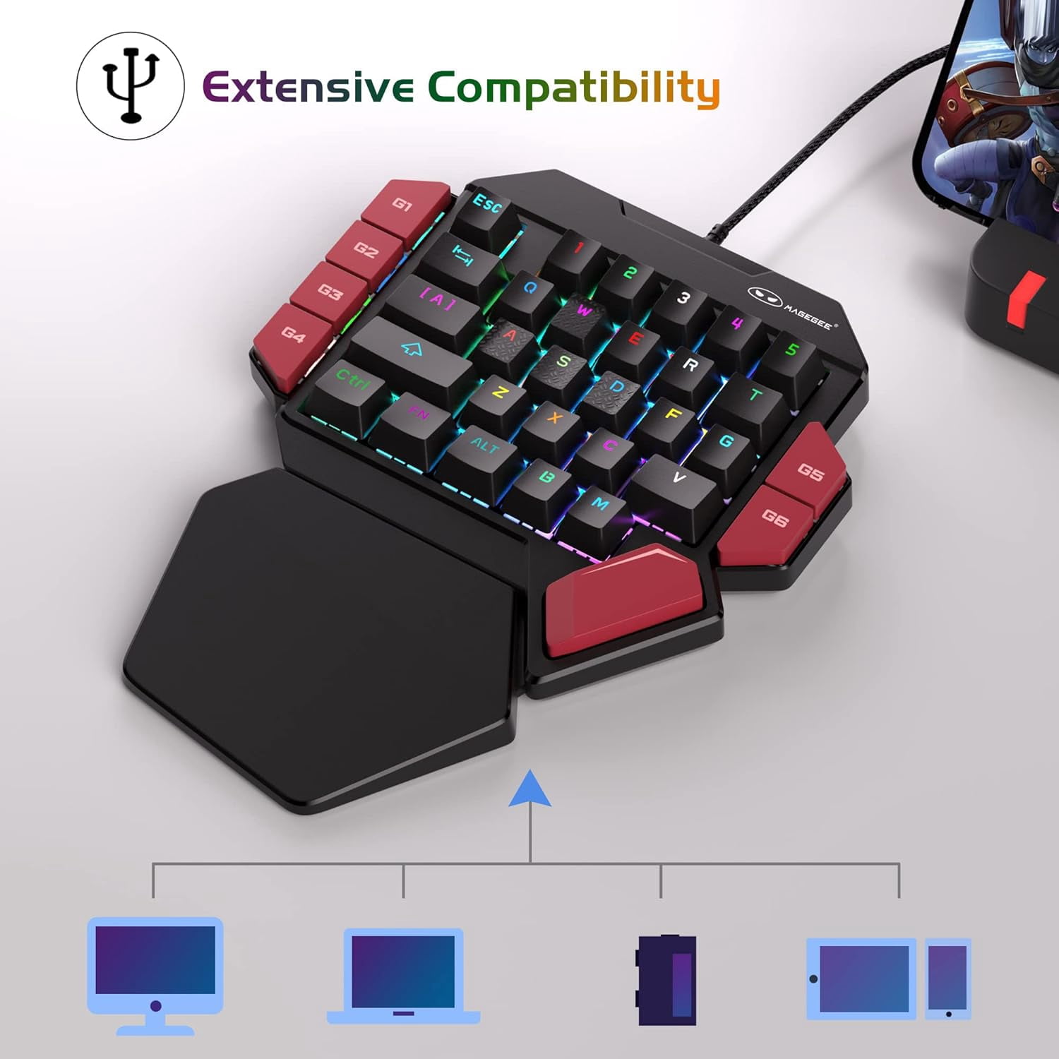 MageGee One Handed Professional Gaming Keyboard, RGB Backlit 35 Keys Mini Wired Mechanical Keyboard with Blue Switch for PC Gamer, Support 6 Macro Keys