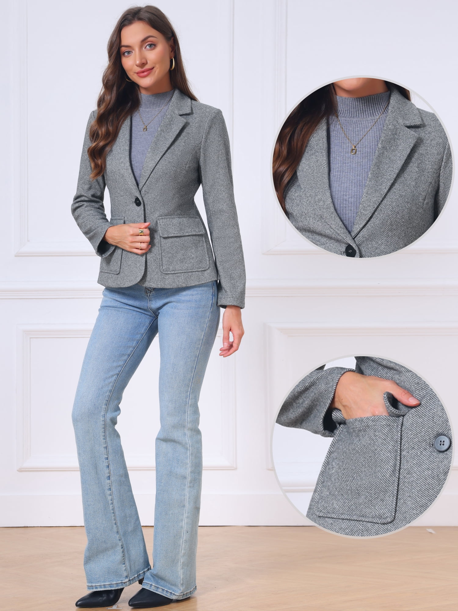 DARING DIVA Women's Blazer Herringbone Tweed Long Sleeve Blazers L Grey