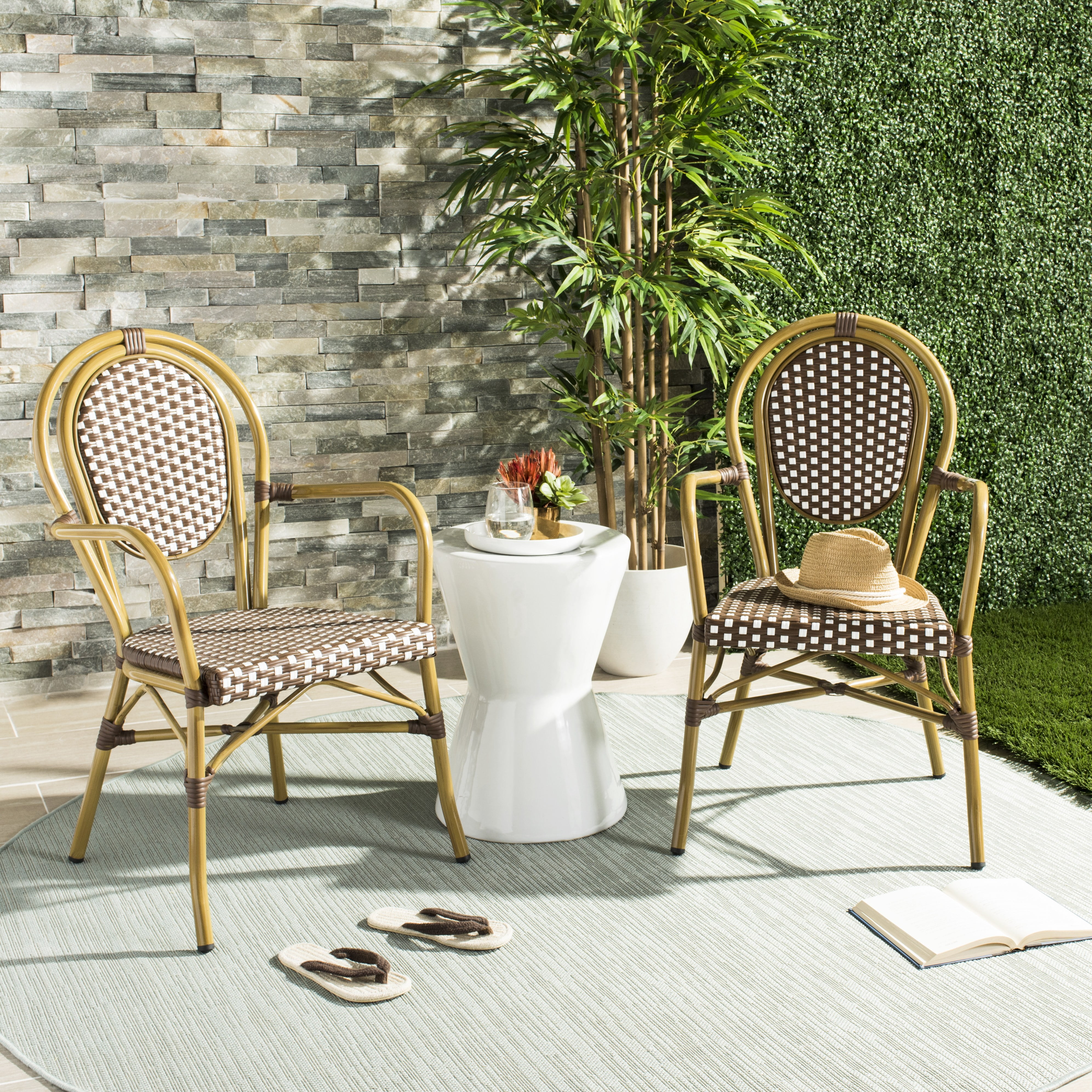 Safavieh Rosen Outdoor Stacking Arm Chair, Set of 2 - Brown/White