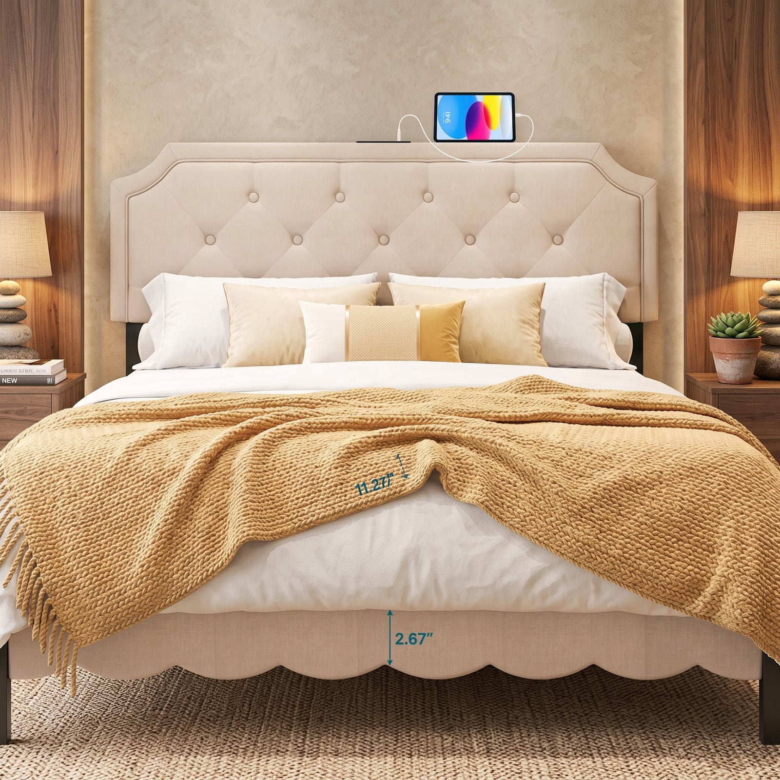 Furnibear Tufted Upholstered Headboard with Piped Trim and 2 AC Outlets and USB and Type-C Ports for Full and Queen Beds, Beige