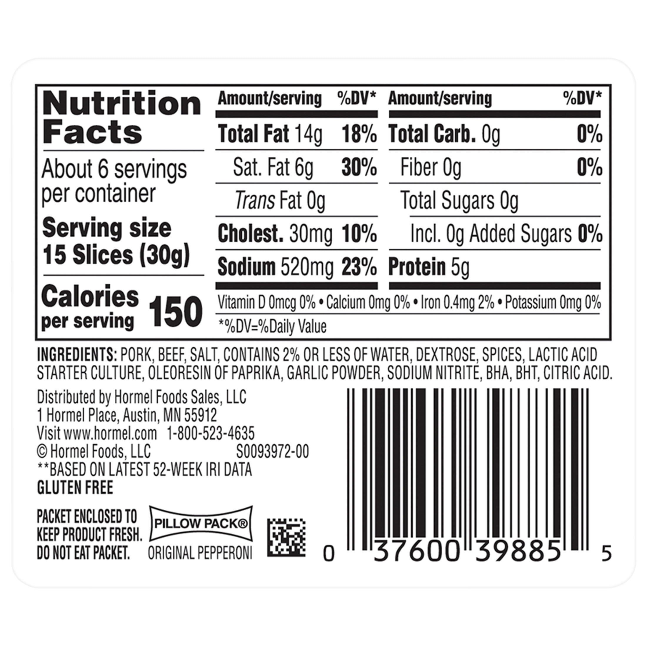 HORMEL Pepperoni Slices, Pizza Topping, Gluten Free, Refrigerated, 6 oz Plastic Resealable Package