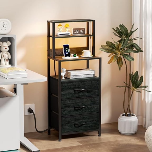Night Stand, Tall Nightstand with 4-Tier Shelves and 3 Fabric Drawers, LED Bed Side Tables with Charging Station, Bedside Table for Bedroom, Hallway, Home Office, Black Oak