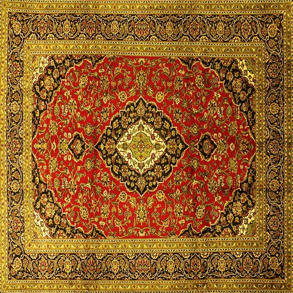 Ahgly Company Machine Washable Indoor Square Medallion Yellow Traditional Area Rugs, 7' Square