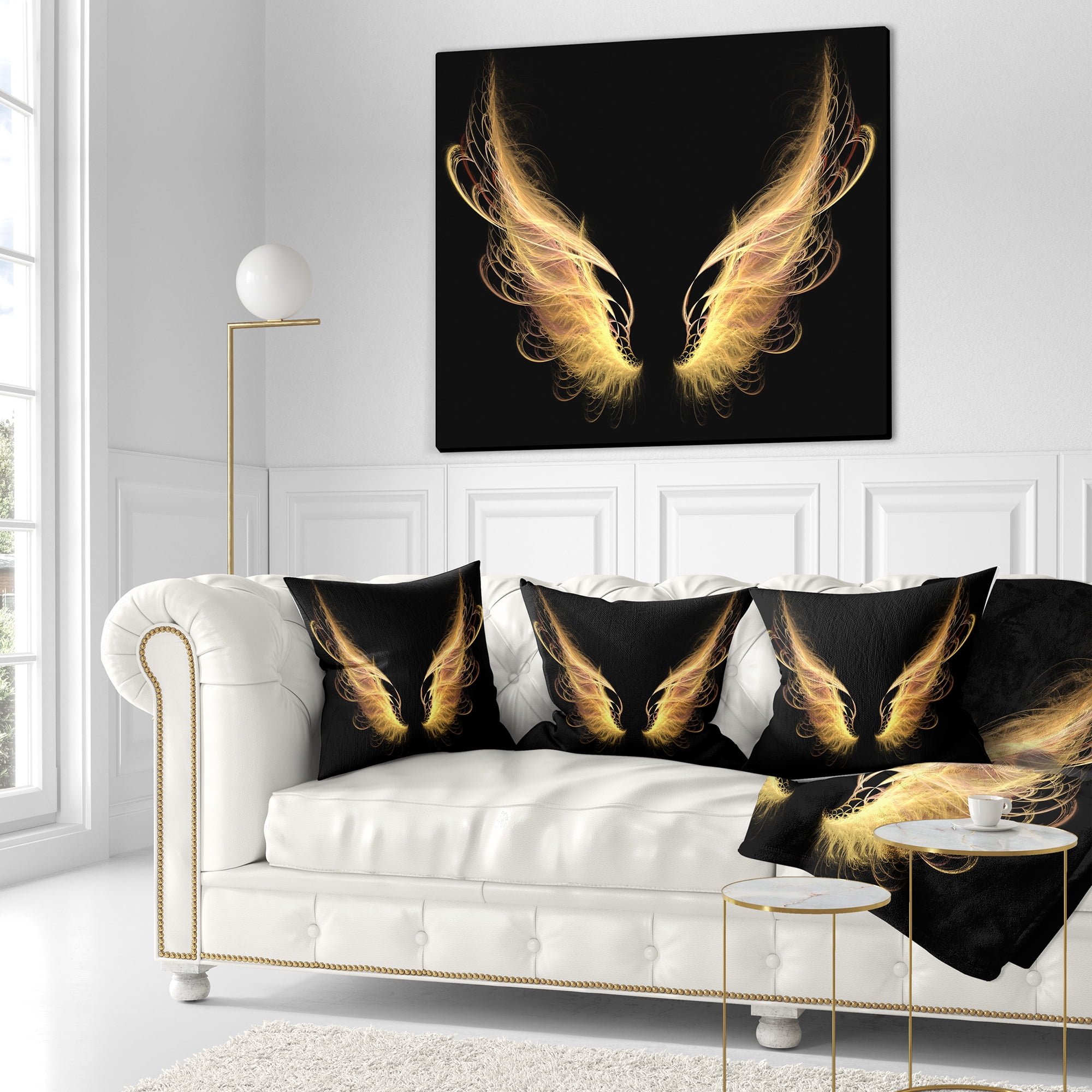 Designart Golden Angel Wings on Black - Abstract Throw Pillow - 18x18