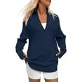thumbnail image 2 of Women'S Long Sleeve Quarter Zip Pullover Sweater Casual Loose V Neck Collared Ribbed Knit Tops Dark Blue L, 2 of 8