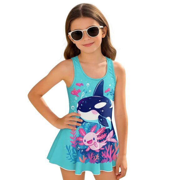 Uourmeti Killer Whale Axolotl Girl One Piece Swimsuit with Skirt Quick Dry Crossback Beach Swimwear Girls Cute Cartoon Kawaii Bathing Suit Beach Vacation Outfits Girls Swimsuits Blue