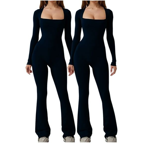 XFYSSS 2pc Women's Casual Fashion Solid Color Sports Square Neck Long Sleeved Waist Cinched Tight Fitting Jumpsuit Pants Women Polyester Jumpsuit