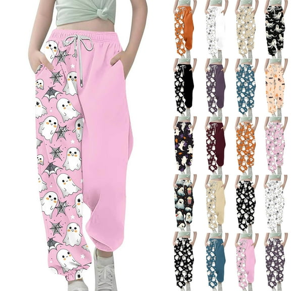 lcziwo Halloween Sweatpants for Kids Cute Graphic Print Lounge Trousers Children Drawstring High Waisted Joggers Pants with Pockets, Beige, 13-14Years