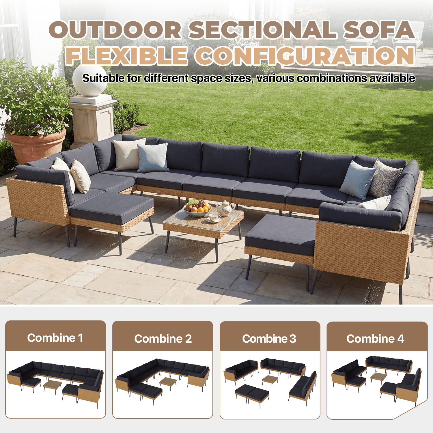 BaPiPro 13-Piece Outdoor PE Rattan Sectional Sofa Set, All-Weather Patio Conversation Set with Cushions & Tempered Glass Coffee Table, Suitable for Courtyard, Backyard and Garden, Black