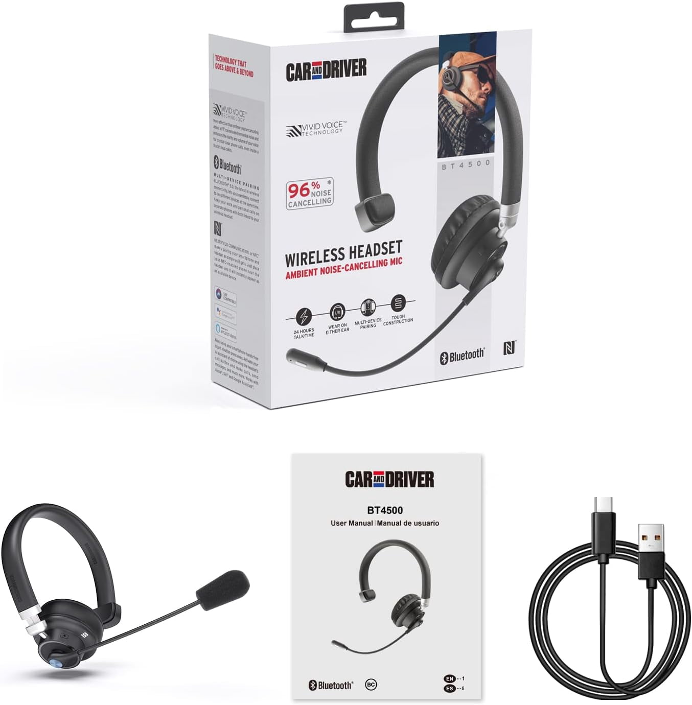 Car and Driver Trucker Bluetooth Headset, Wireless Headset Noise Canceling Headphones with Microphone, Home Office, Zoom, Call Center, Clear Highway | Siri, Alexa, Google Compatible
