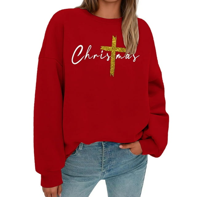 Chandail en Molleton Graphique à Paillettes de Noël pour Femmes Manches Longues Col Rond Décontracté Chandail de Vacances Vêtements de Mode d'Hiver de Noël