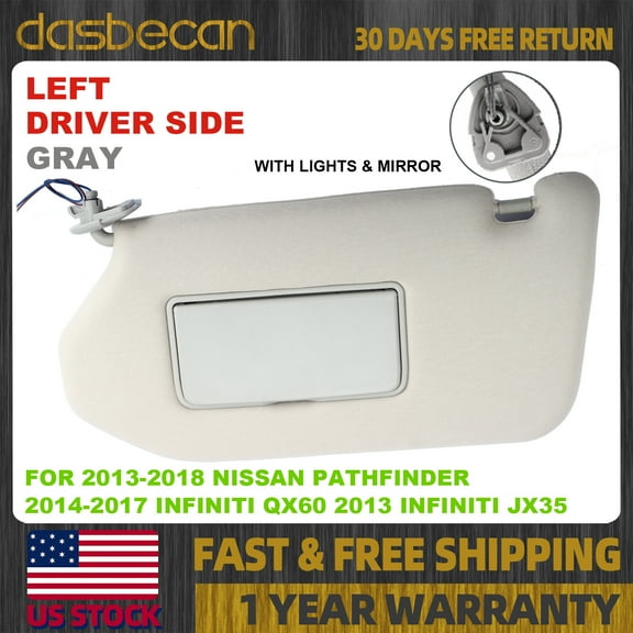 Dasbecan Left Driver Gray Sun Visor w/Lights for 2013-2018 Nissan Pathfinder 2014-2017 Infiniti QX60 2013 Infiniti JX35 96401-9PB0A