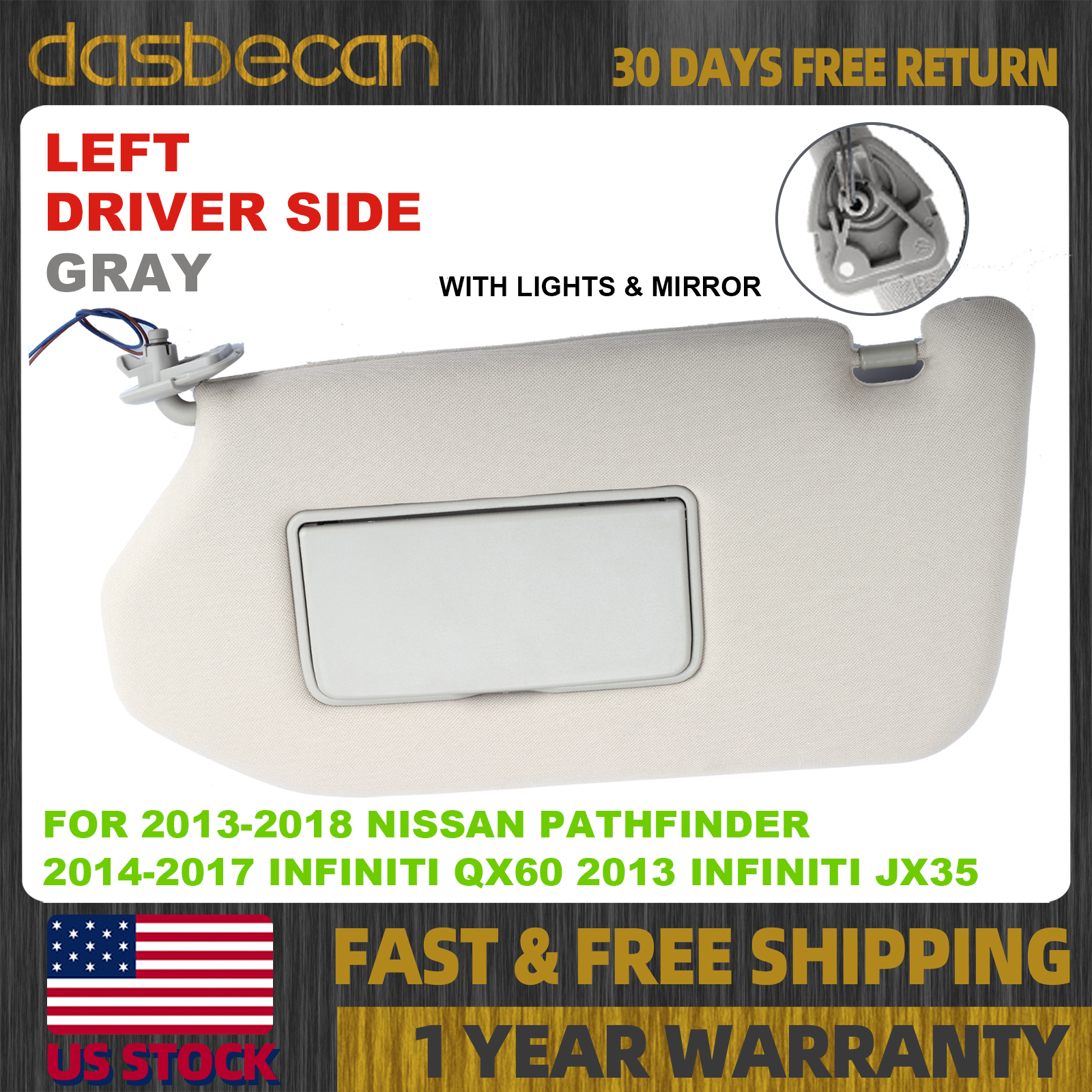 Left Driver Side Gray Sun Visor For Nissan Pathfinder & Infiniti QX60/JX35 (96401-9PB0A)