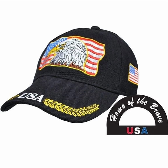 USA PATRIOTIC BALD EAGLE HOME OF THE BRAVE Black Adjustable Embroidered Cap Hat