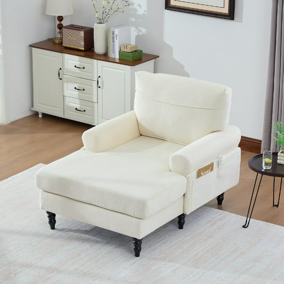 Modern Minimalist Chenille Fabric Chaise Lounge Recliner Single Sofa with Comfortable Backrest, Rest Chair Sofa with Wooden Legs and Armrests Side Pockets for Living Room, Bedroom, Office, Beige