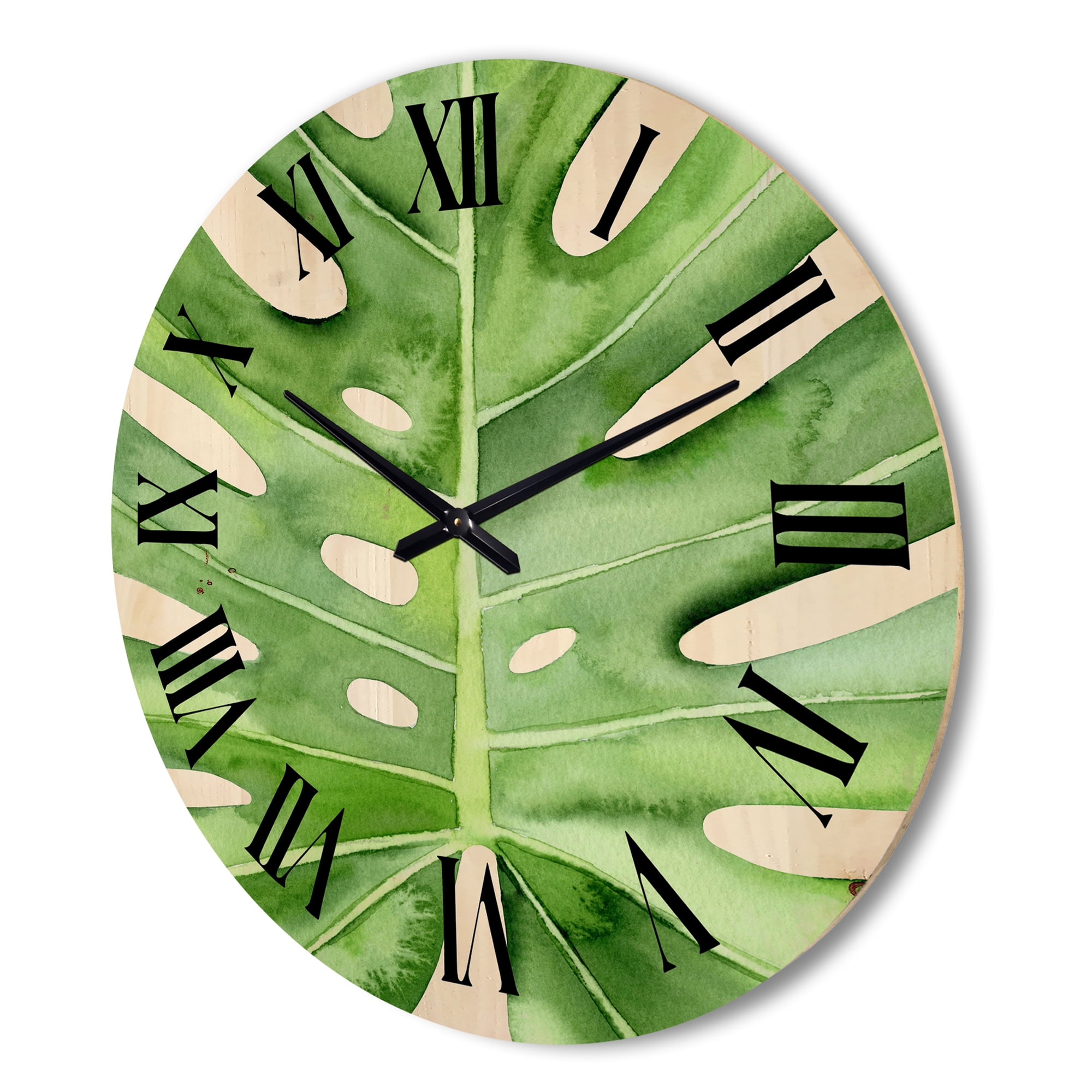 Designart 'Close Up Green Monstera Leaf Tropical Palm' Tropical Wood Wall Clock