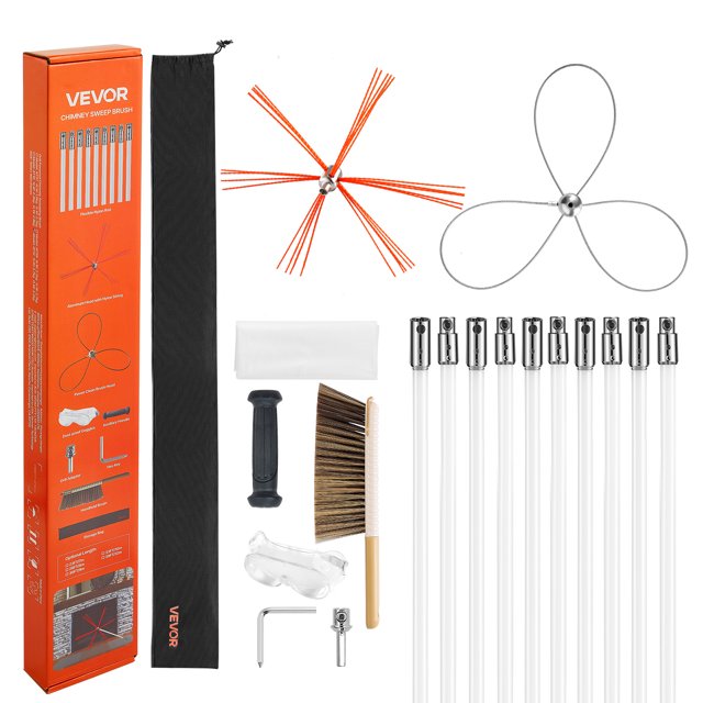 VEVOR Chimney Sweep Kit, 33 ft Maximum Extendable Length Chimney Brush, Chimney Cleaner Sweeper with Dual Brush Heads, Brush & Goggles, Fireplace Cleaning Tool