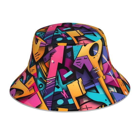 KLL Vibrant Graffiti Urban Art Bucket Hat for Women Men Packable Travel Beach Sun Hat Outdoor Rave Accessories Reflective Fisherman Cap