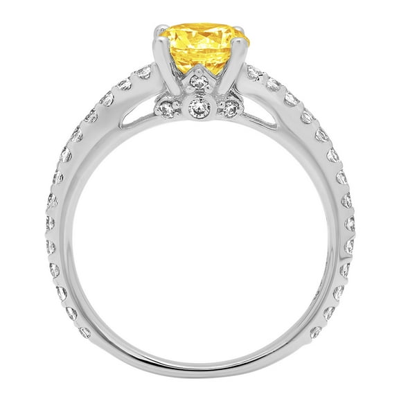 1.465 ct Round Cut Simulated Yellow Diamond Solitaire with Accents Engagement Ring for Women in 18K White Gold