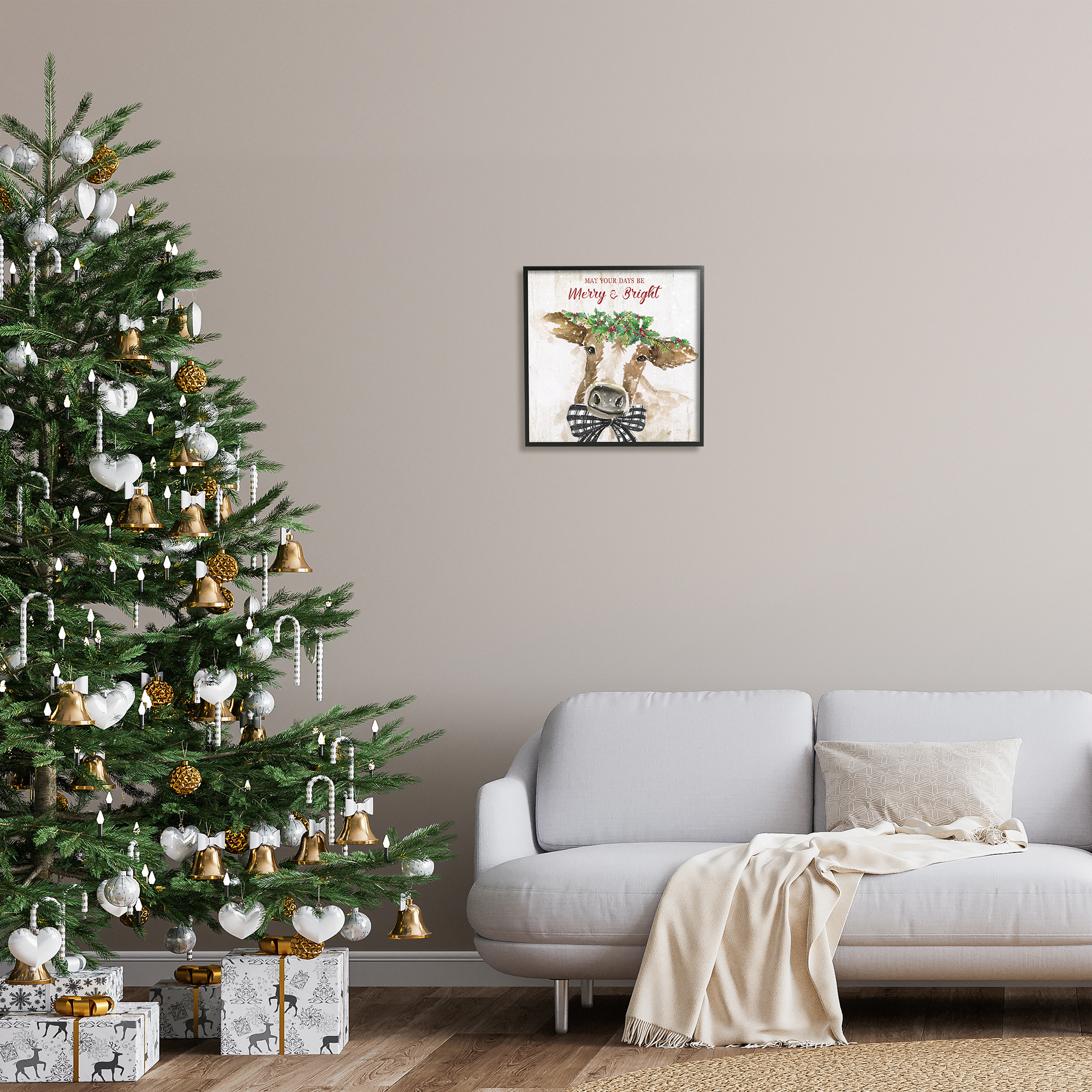 Stupell Industries Merry & Bright Holiday Cattle Holiday Painting Black Framed Art Print Wall Art