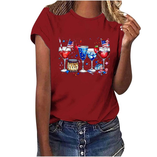 KIHOUT T-shirt Graphique d'Été pour Femmes, Imprimé 4th of July, Col Rond, Manches Courtes, Rouge 2TG