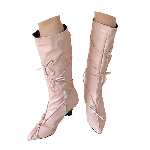 YLYL Women's Knee High Boots Bows Stacked Heel Pointed Toe Wedge Boot with Zipper