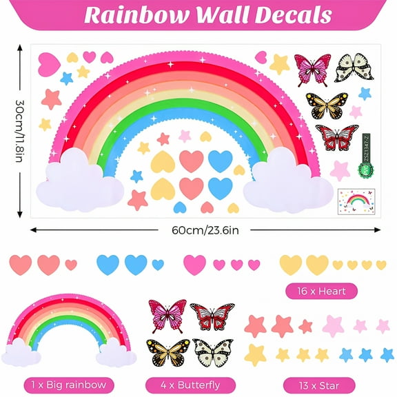 LAMIRO Rainbow Wall Decals Removable Star Butterfly Heart Wall Sticker Rainbow Wall Decals Butterfly Decor(34 Count)