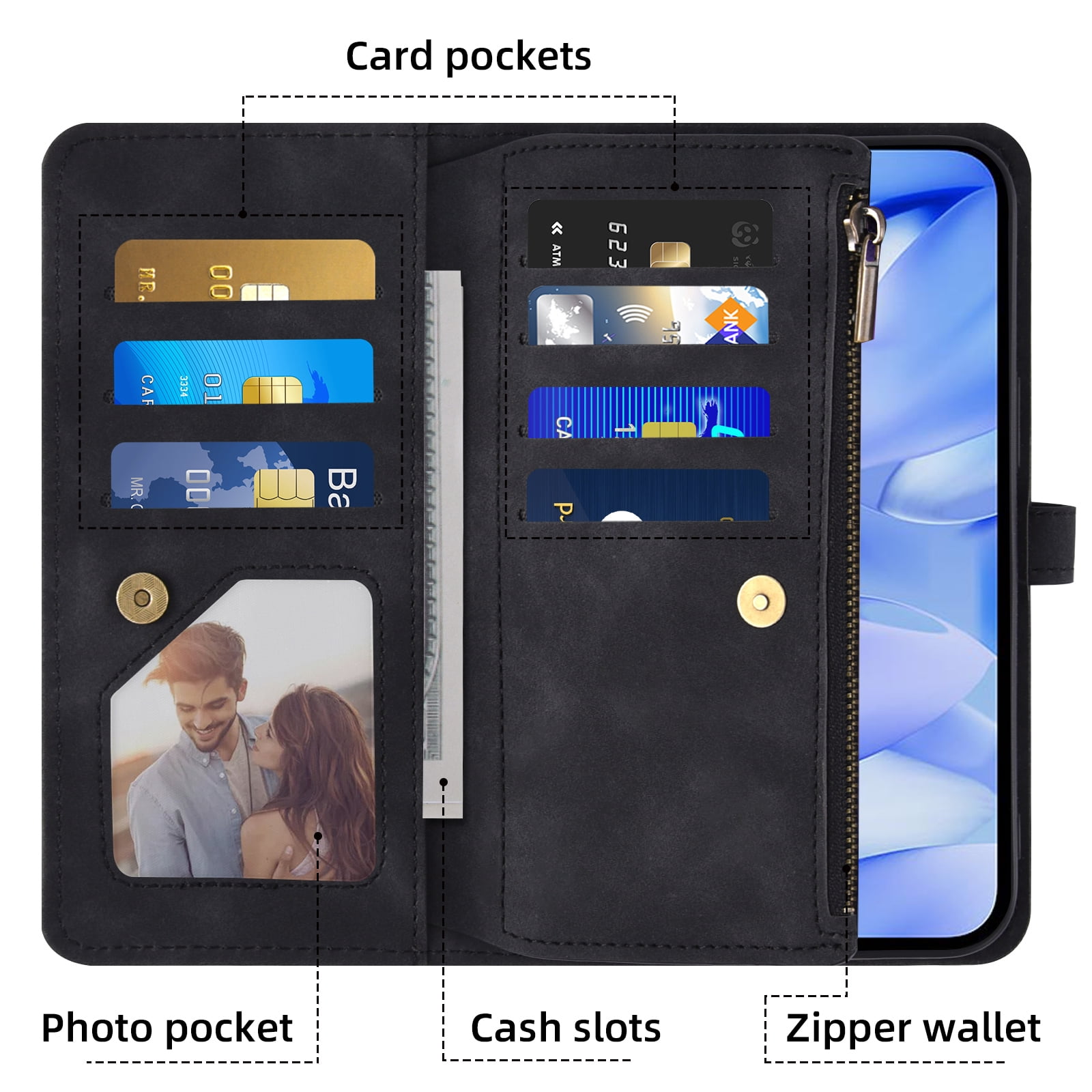Asuwish Phone Case for Google Pixel 9A Wallet Cover With Tempered Glass Screen Protector Crossbody Wrist Strap Flip Pattern Zipper Credit Card Holder Stand Slot Cell Pixel9A A9 5G Women Men Black