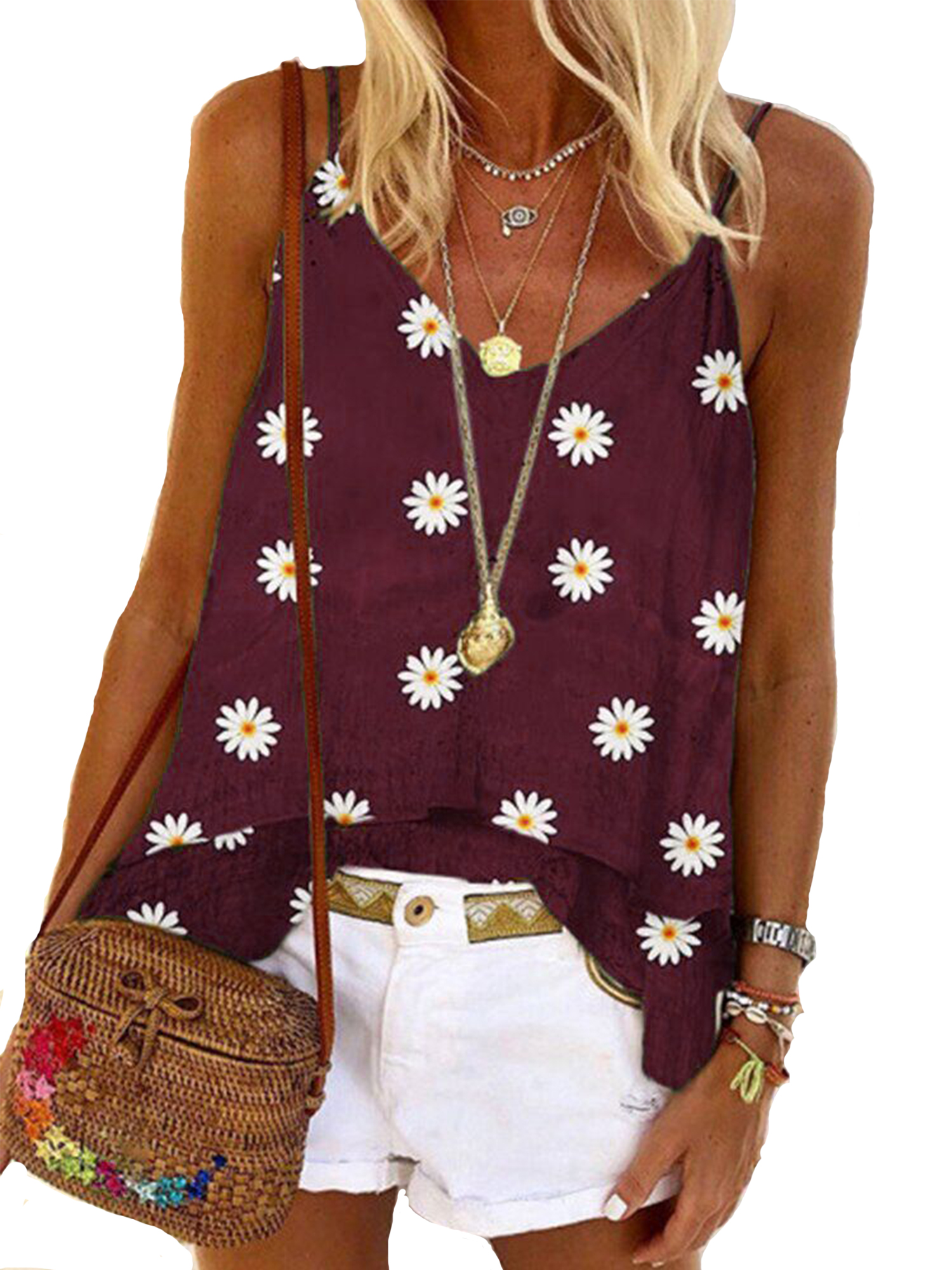 Plus Womens Floral Strappy Summer Beach Holiday Loose Vest Blouse Tee Tank Tops