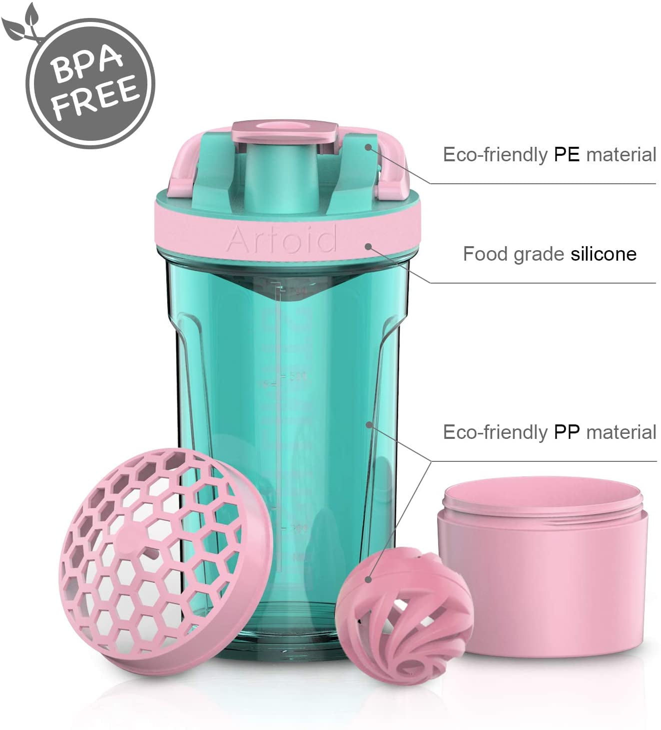 Protein Shaker Bottle Pink with Mixball, Mini, BPA Free