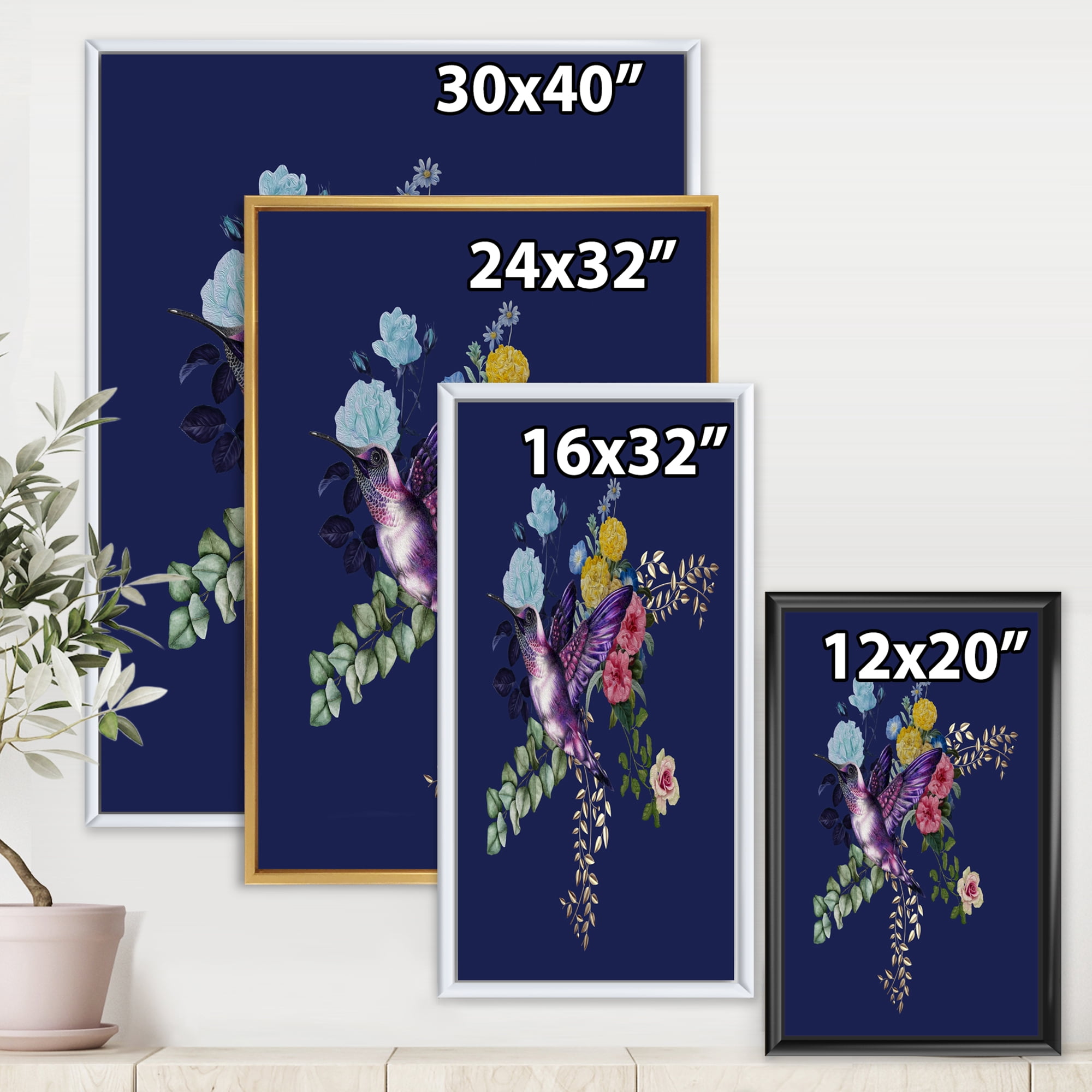Designart 'Little Bird Sitting On Colourful Bouquet Of Wildflowers I' Traditional Framed Canvas Wall Art Print