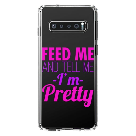 DistinctInk Clear Shockproof Hybrid Case for Samsung Galaxy S10  PLUS (6.4" Screen) - TPU Bumper Acrylic Back Tempered Glass Screen Protector - Feed Me and Tell Me I'm Pretty