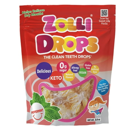 ZOLLIPOPS Zolli Drops Peppermint, 3oz, Clean Teeth Anti-Cavity Drops, Allergen Free, Natural Peppermint