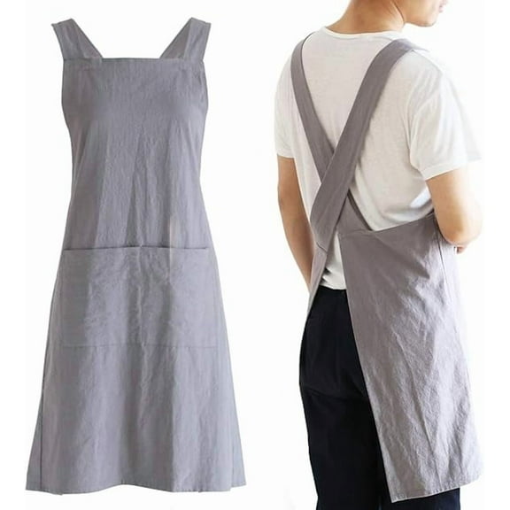 Japanese Linen Cross Back Cooking Aprons for Women Men with Pockets Cute for Baking Kitchen
