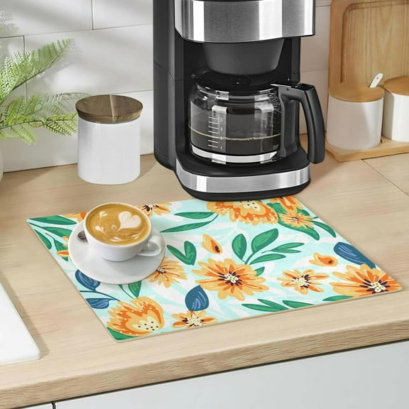Yellow Flower Coffee Mat 16"x18" Absorbent Coffee Maker Mat for Kitchen Countertops Washable Dish Drying Mat