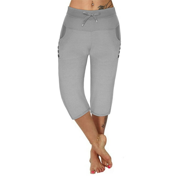 Women Solid Mid Rise Pockets Drawstring Cropped Trousers Slim Capri Pants  New