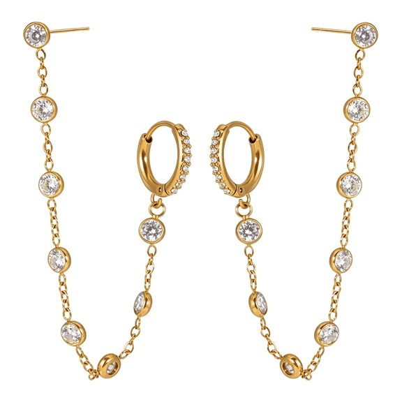 TUWAFE Double Piercing Chain Dangle Drop Round Cz Cartilage Stud Small Hoop Cuff Earrings for Women Titanium Steel Gold Plated Colorful Crystal Crawler Threader Tassel Two Holes Trendy Jewelry