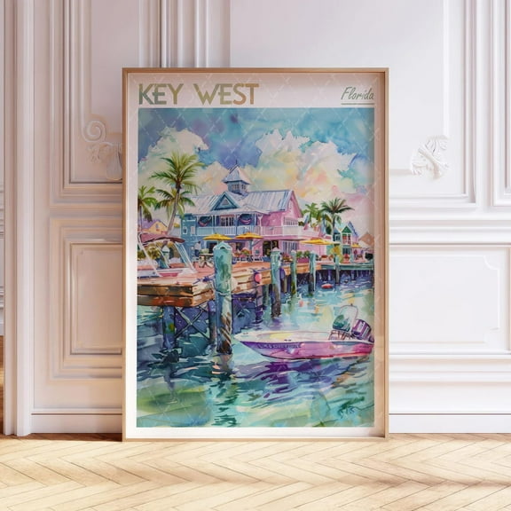 Miluva Key West Art Print - Key West City Print - Florida Usa Travel Poster - World Cities Wall Art - Pastel Colors Travel Art Decor For Living Room Bedroom, 8x12 UNFRAMED