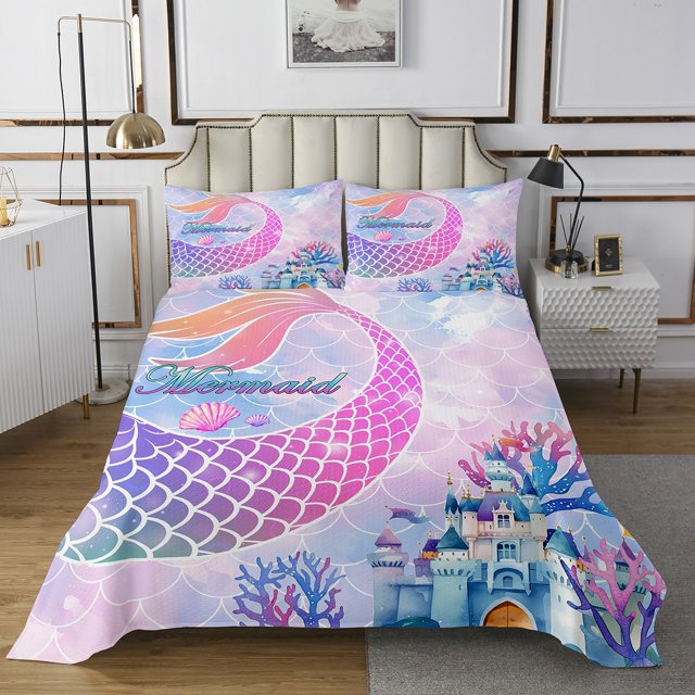 Erosebridal Mermaid Coverlet Set King,Castle Seashell Bedding Set,Princess Room Decorative,Ultra Soft,3 Pieces