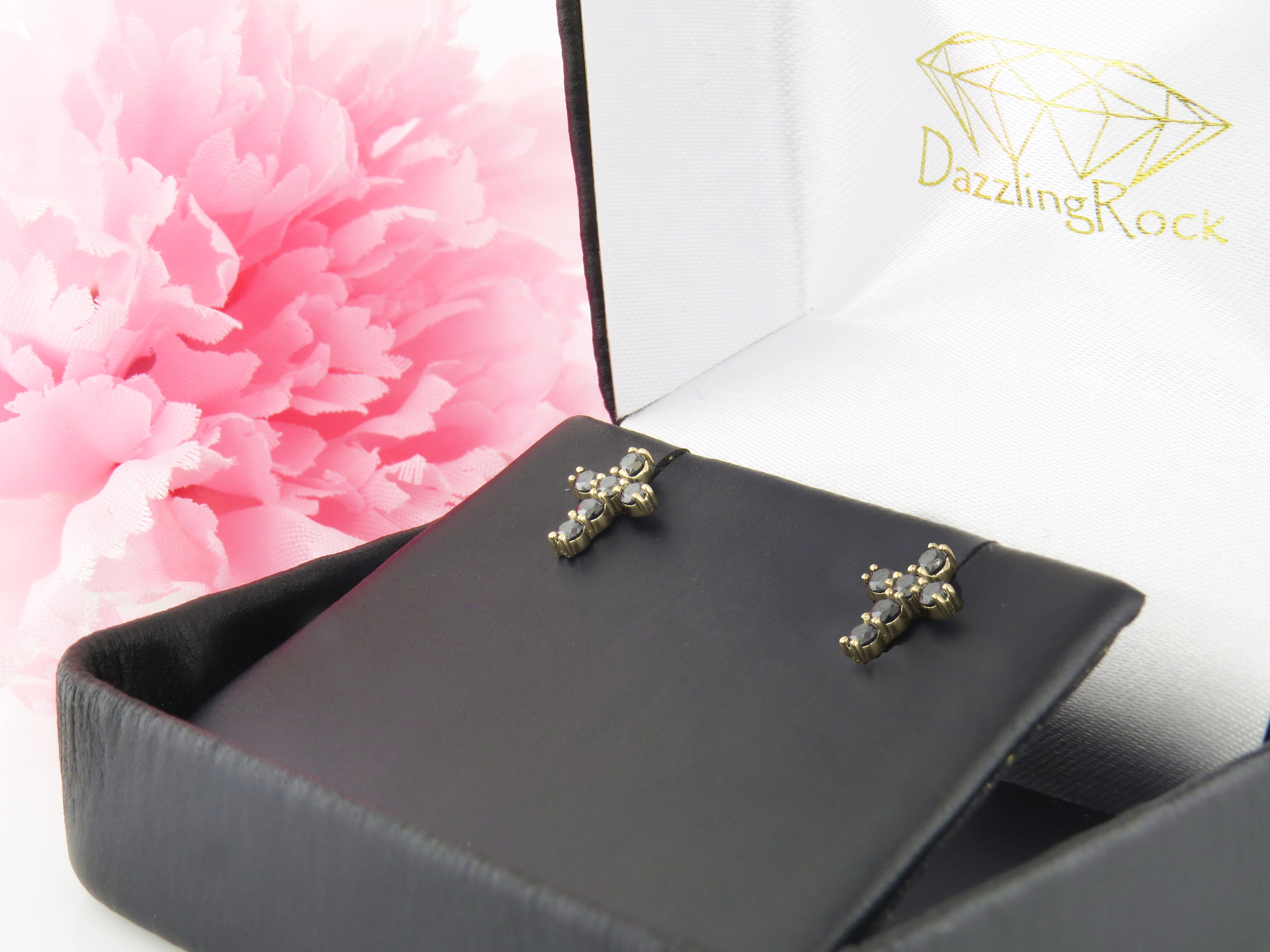 Dazzlingrock Collection Round Black Diamond Mini Cross Pushback Stud Earrings for Women (0.35 ctw, Color Black, Clarity Opaque) in 14K Yellow Gold