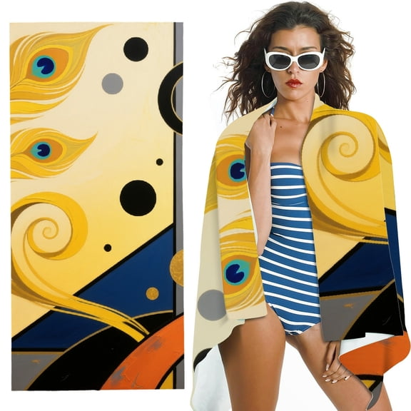 RKSupls Oversized Microfiber Beach Towel - Abstract Orange Sun Black Leaves Yellow Print, Ultra-Soft Microfiber for Bathroom, beach, Soft Super Absorbent- 30x60 in