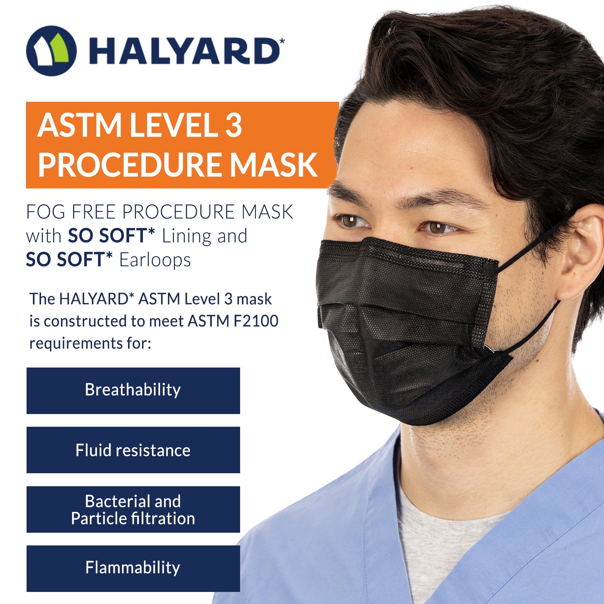 HALYARD Disposable Face Mask with Earloops, Fog-Free, Pleat Style, ASTM LEVEL 3 Procedure Mask, Healthcare, Medical, Dental – Black 49514 Case 500