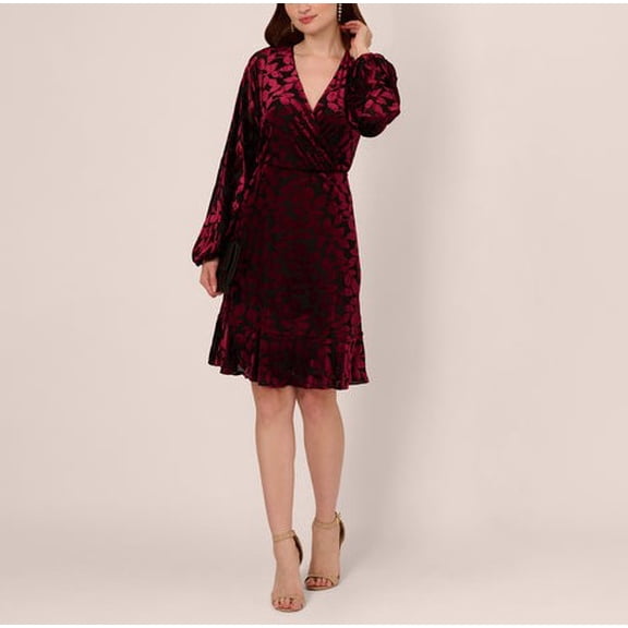 Adrianna Papell Women's Velvet Burnout Faux-Wrap Dress Burgundy Black (Burgundy Black, 16)