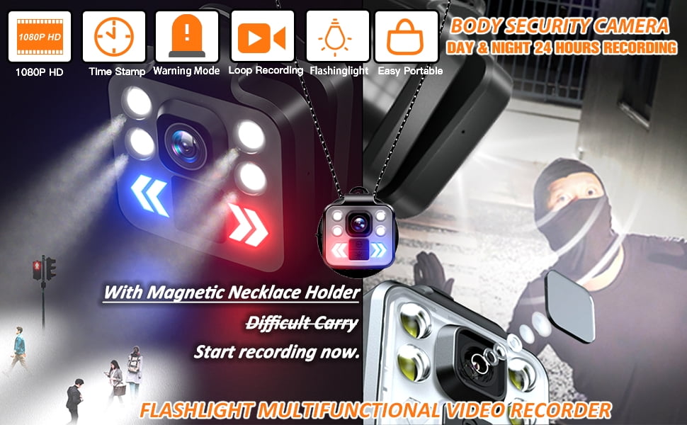 Body Camera with Audio & Video Recording - 1080P Mini Small Portable Sport 64G Cam Recorder - Flashlight Headlamp Waterproof Cam- for Child Pet Home Outdoor Fishing Camping (With Magnetic Lanyard)