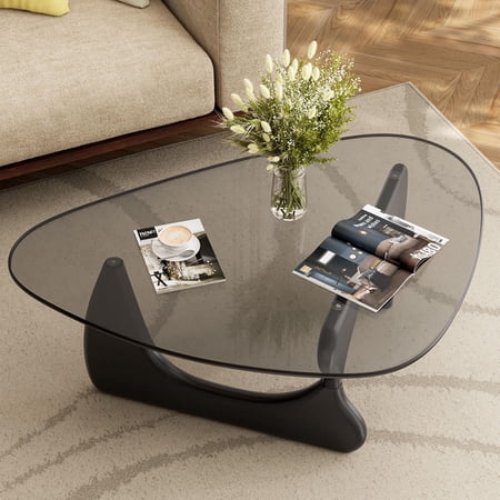 Black (Grey Glass) Modern Triangle Glass Coffee Table, Mid Century Coffee