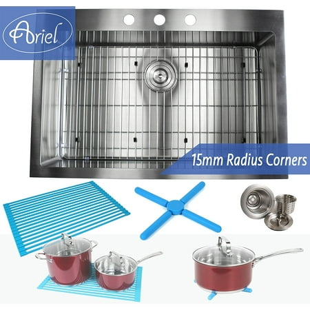 33 Inch Drop In Topmount Stainless Steel Kitchen Sink Package by Ariel â 16 Gauge Single Bowl Basin w/ 9 Gauge Deck - Complete Sink Pack + Bonus Kitchen Accessories - Ideal For Home Renovation